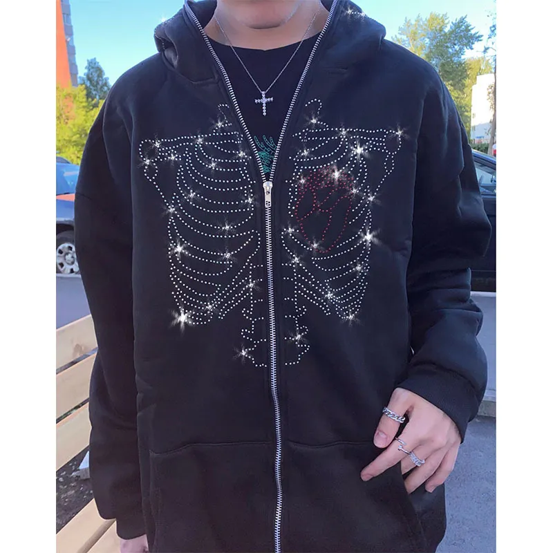 Y2K Grunge Zip Up Hoodie - Mens Spider Web Skeleton