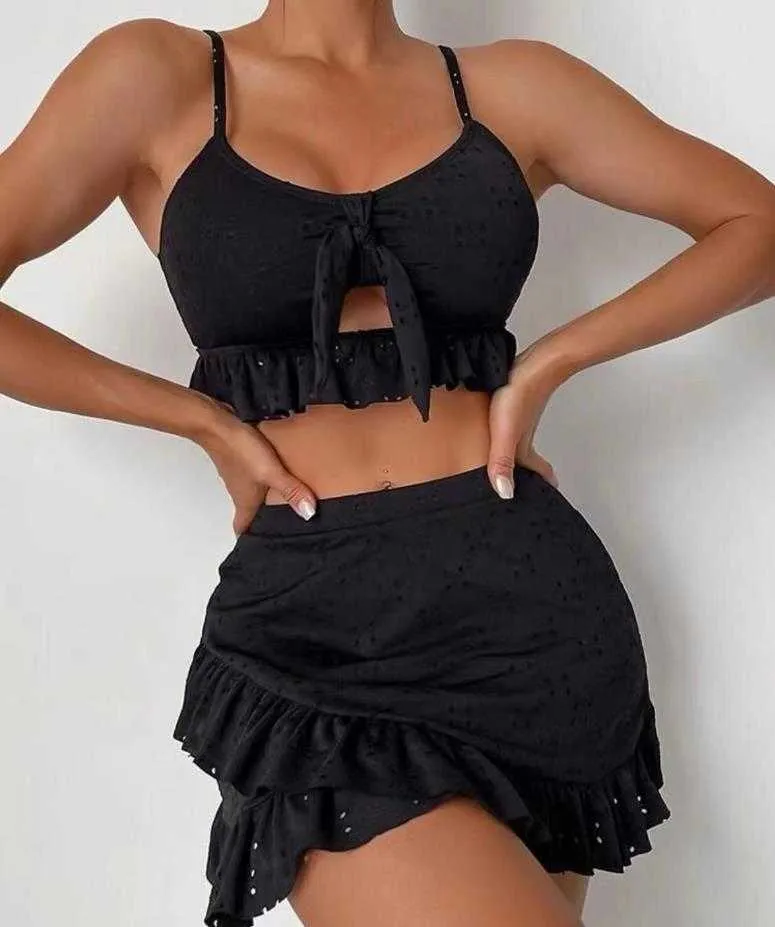 2023 NY SEX SEXY Women's Summer 3st Beachwear Bikini Set Solid Ruffles Knot Camisole + låg midja thong + oregelbundna ruffle kjolar