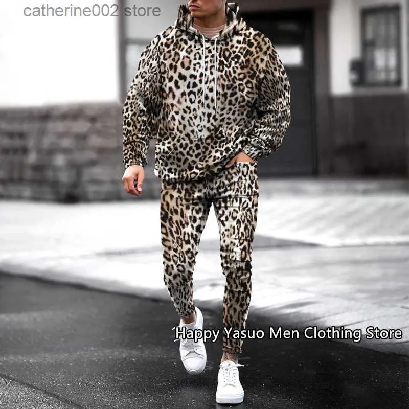 Herrspåriga Leopard Print Print Men's Sweatpants Tracksuit 2 Piece Set 2023 Autumn Winter Long Sleeve Fleece Hoodie+Long Pants Street Swear Clothes T230601