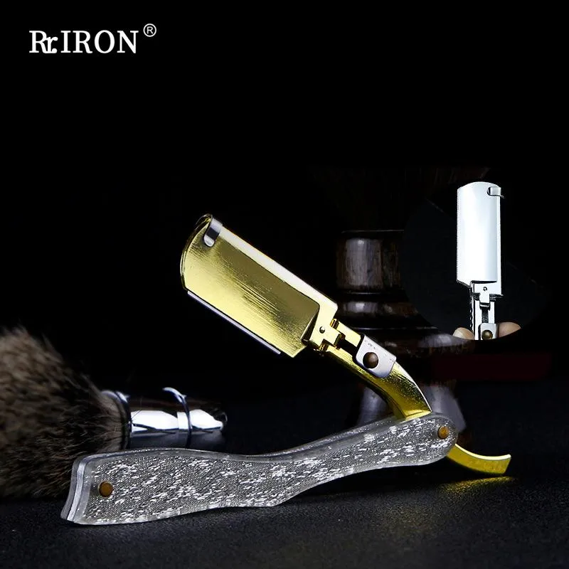 Lame RIRON rasoir de barbier professionnel rasoirs pliants pour hommes barbe poignée en plastique plaqué or socle pour rasoir droit rasoir