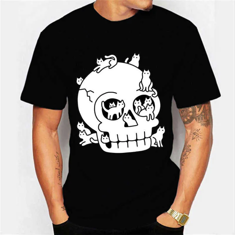 T-Shirts Summer New Skull Cat Pattern Casual Street Short Sleeve Round Neck Extra Large Men's T-shirt Y2k Clothing P230601