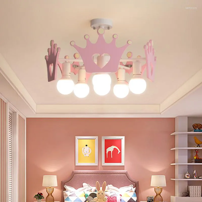 Chandeliers Nordic Pink Chandelier Lamps For Kids Girl Bedroom Lighting E27 Bulb Crown Design Princess Children Lights AC 220V 230V