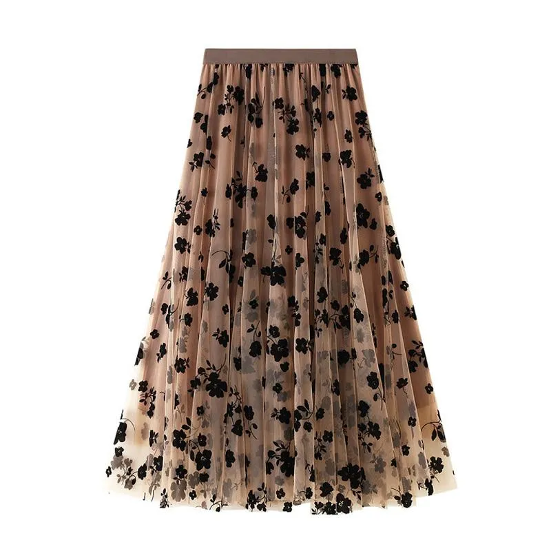 ドレス新しい2022ファッションエレガントなフローラル夏チュールスカートレディングスプリングサマーハイウエストスカートレディースブルーマキシスカート女性