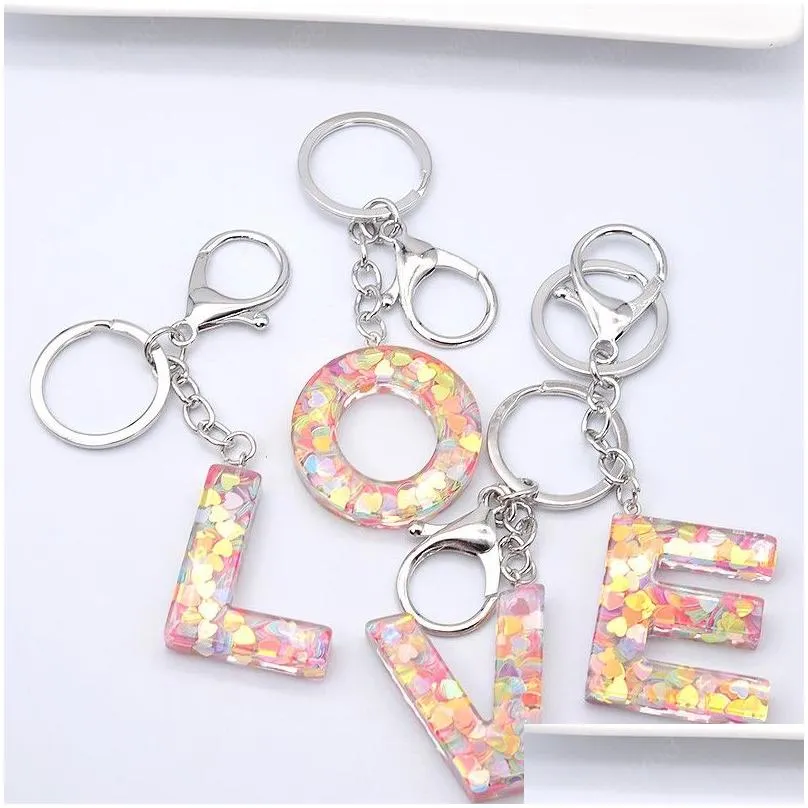 Key Rings 26 Initials Sequins Letters Keychains Acrylic Chain Creative Cute Car Bag Name Alphabet Pendant Keyrings Charm Gifts Drop Dhfbw