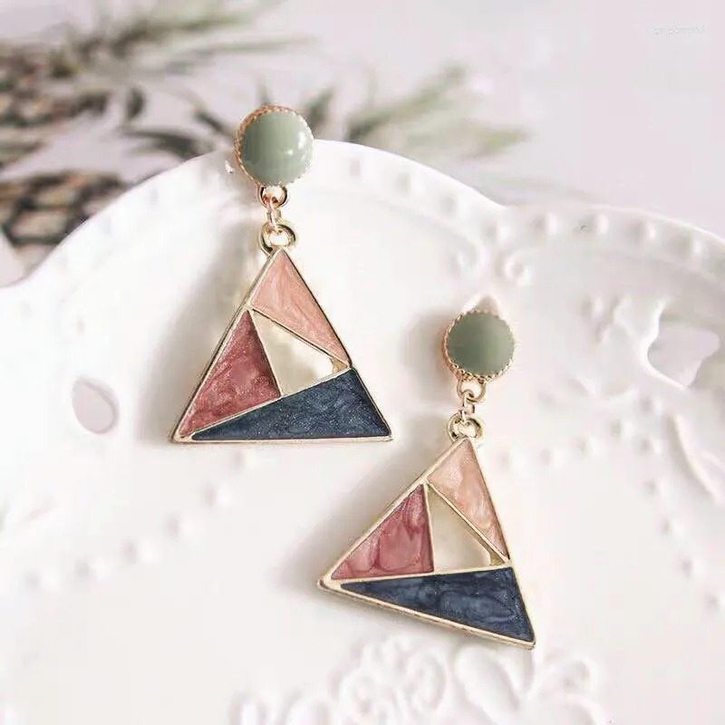 Stud Earrings Metal Geometry Triangles Morandi Color Retro Fashion Simple Personality Glaze Women Jewelry Accessories