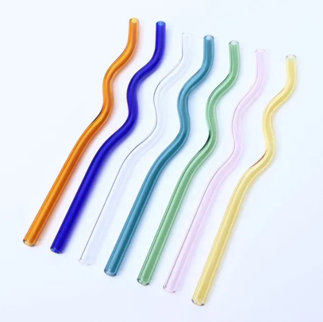 8*200 mm riutilizzabile eco borosilicato di vetro bere cannucce ad alta temperatura resistenza a colori chiari cocktail di latte ondulato piegato