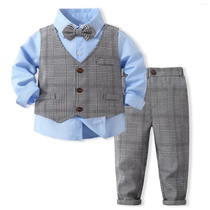 Set di abbigliamento set di gilet per ragazzi classici camicia blu con pantaloni a quadri per bambini abiti da matrimonio per bambini