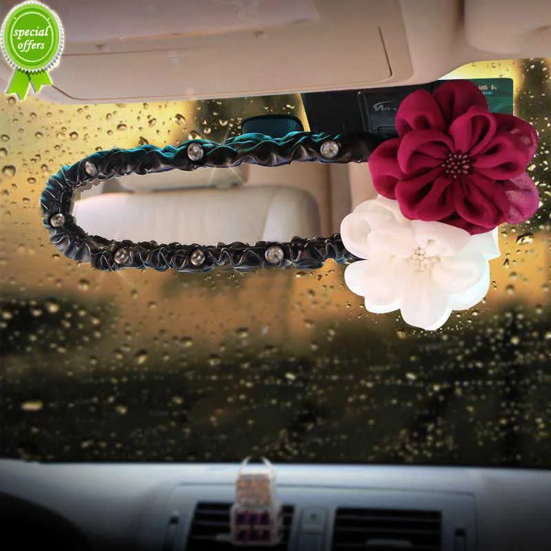 Nowy kwiat róży kryształowy samochód wnętrze lusterka tylnego widoku skórzane Auto wsteczne lusterka dekoracyjne dla kobiet i dziewcząt