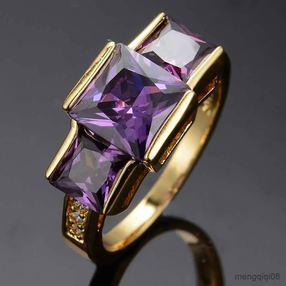 Band Rings Elegant Female Purple Crystal Ring Big Charm Gold Color Thin Wedding For Women Luxury Square Zircon Engagement