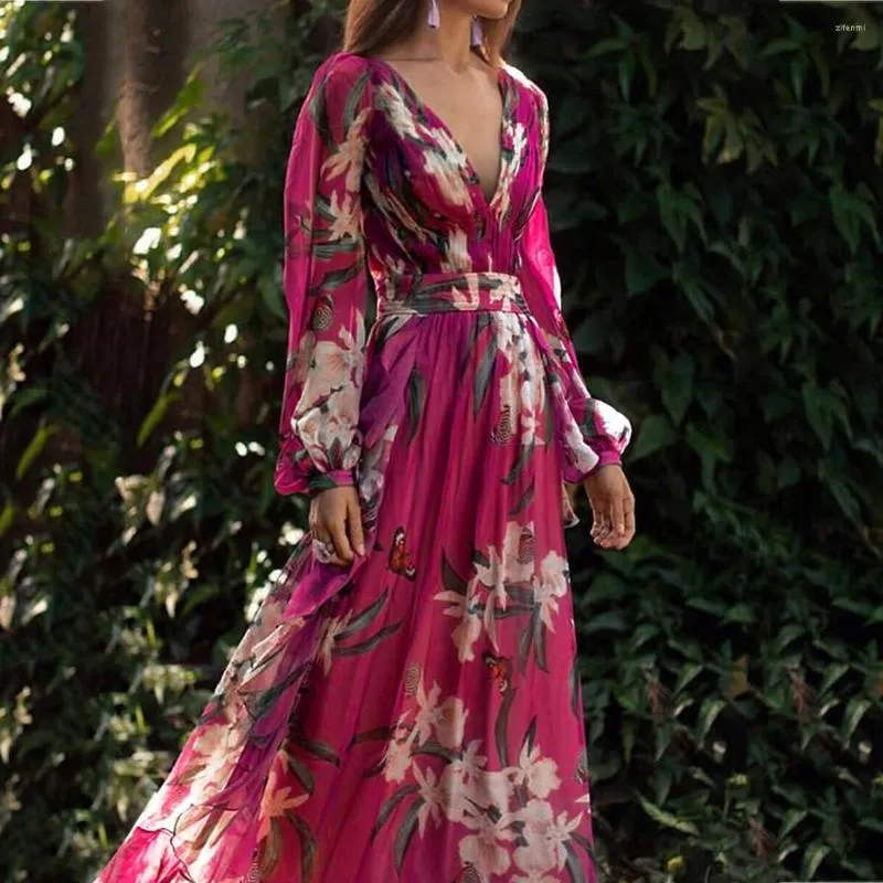 Casual Dresses Bohemian Chiffon Long Dress Woman Floral Print Lantern Sleeve A-Line Maxi Vestidos Elegant Vintage V Neck Summer