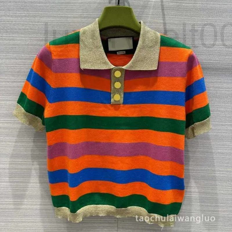 Women's T-Shirt designer Colorful striped short sleeve polo shirt casual fashionable color contrast design slim knitting top LF4G