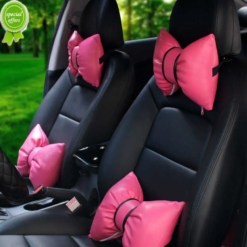 Novo lindo laço de couro PU para carro, pescoço, cintura, apoio, almofadas, assento de segurança, encosto de cabeça, rosa, vermelho, acessórios de carro para meninas