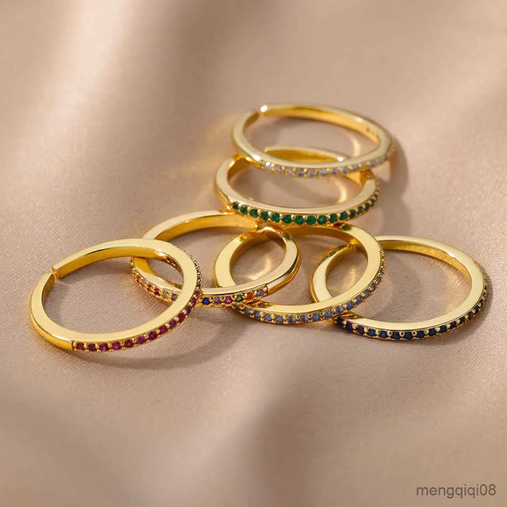 Anillos de banda Mini circón verde para mujer Acero inoxidable Color dorado anillo de dedo ajustable compromiso boda Navidad joyería regalo