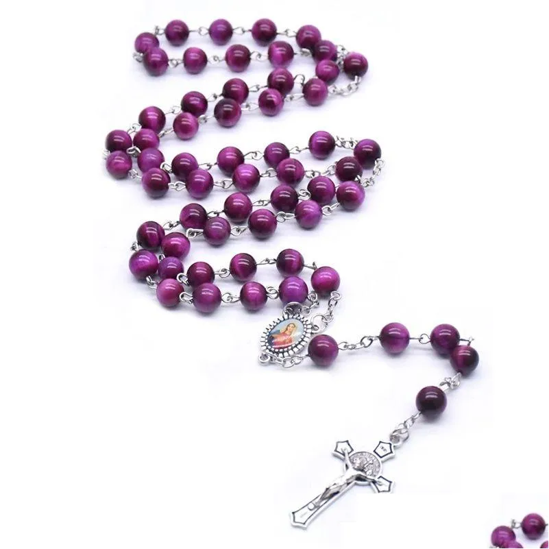 Pendant Necklaces Purple Stone Cross Rosary Necklace Holy Mother Beaded Strand Neckalce Christ Prayer Jewelry Gift Drop Delivery Pend Dhtzg