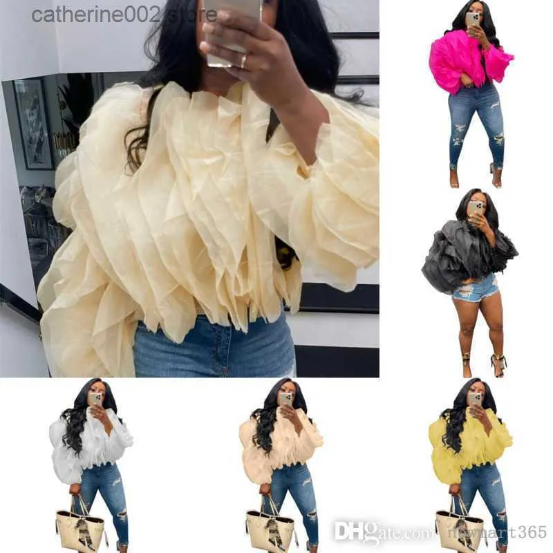 Casual Dresses Dresses Plus Size S-5XL Women Designer Tops Explosion Layered Fluffy Petal Chiffon Long Sleeve T Shirt Blus Fashion Clothing T230601