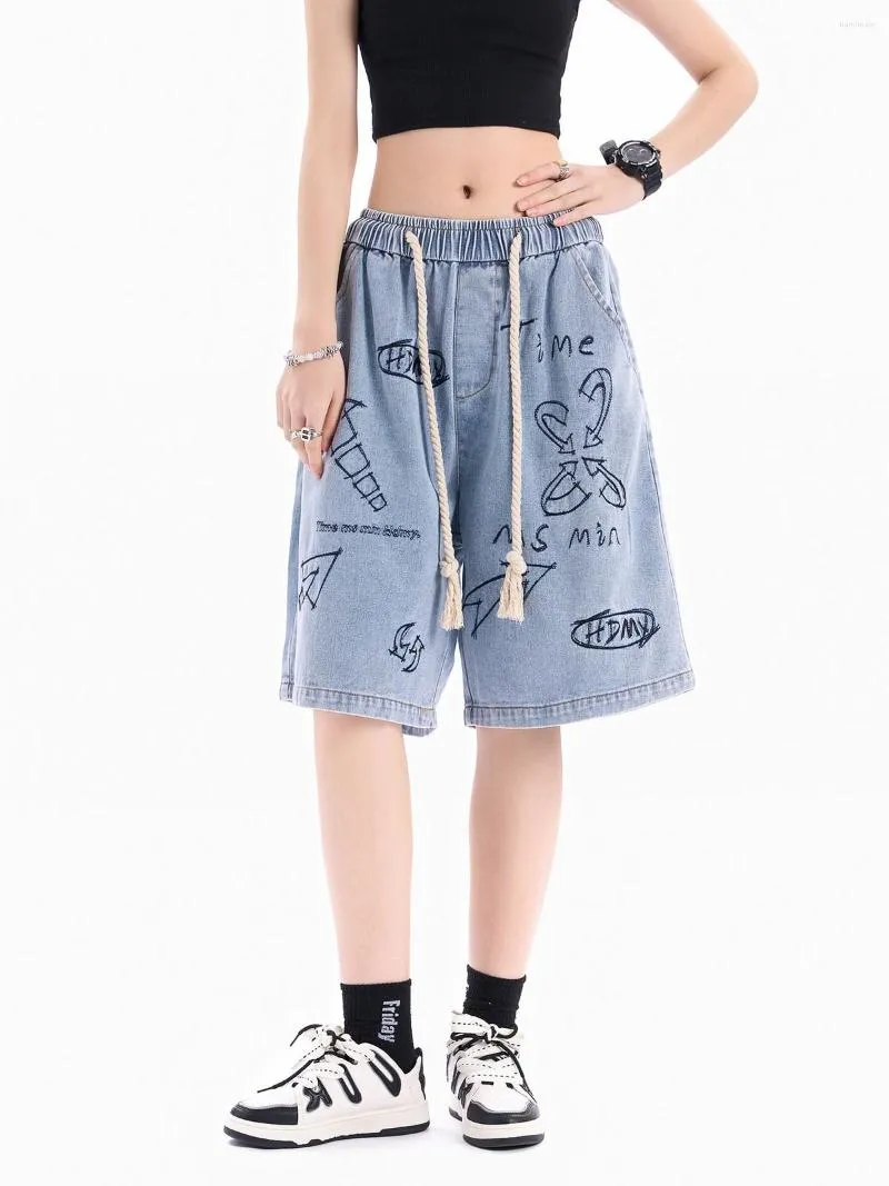 Shorts pour femmes en détresse broderie dessin animé mignon jean pour femmes drôle cordon surdimensionné femmes Denim vêtements d'été 2023