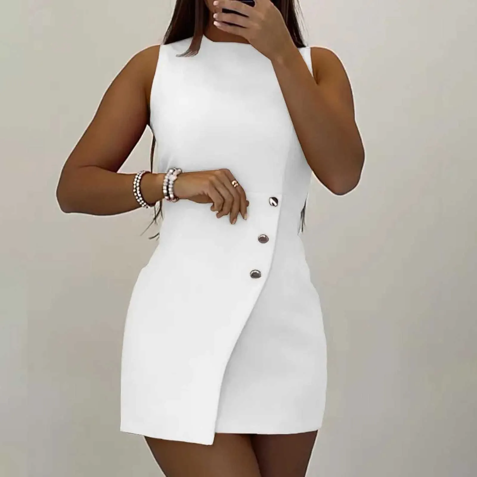 Blazer Dress Women Sleeveless Buttoned Asymmetrical Front Mini Dress Business Office Workwear Outfits Bodycon Mini Dress