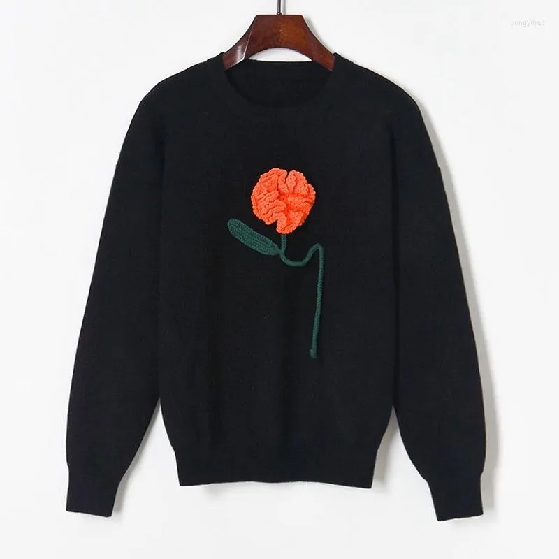 Women's Sweaters Hand Hook 3D Floral Sweater Women Black Pullover White Jumpers 2023 Spring Knitwear Round Neck Knitted