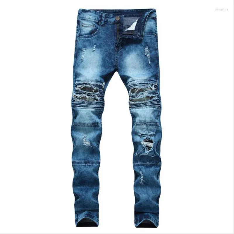 Herr jeans Vår Herr Ripped Biker Streetwear Destroyed Denim Byxor Slim Bottoms Man Patchwork Hål Pencil Byxor Hombre