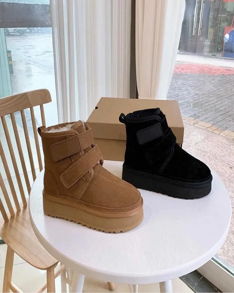 Laarzen Mini Neumel Platform Boot Designer Vrouw Winter Enkel Australië Sneeuw Dikke bodem Echt leer Warm Pluizig bont koeienhuid haaklus 011