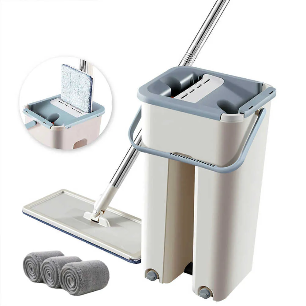 Mops Squeeze Floor Mop Bucket Household Spin Bucket Magic Flat Mops Home Kitchen Dry Wet Usage Cleaning Tool with 5Pc Replacement Rag Z0601