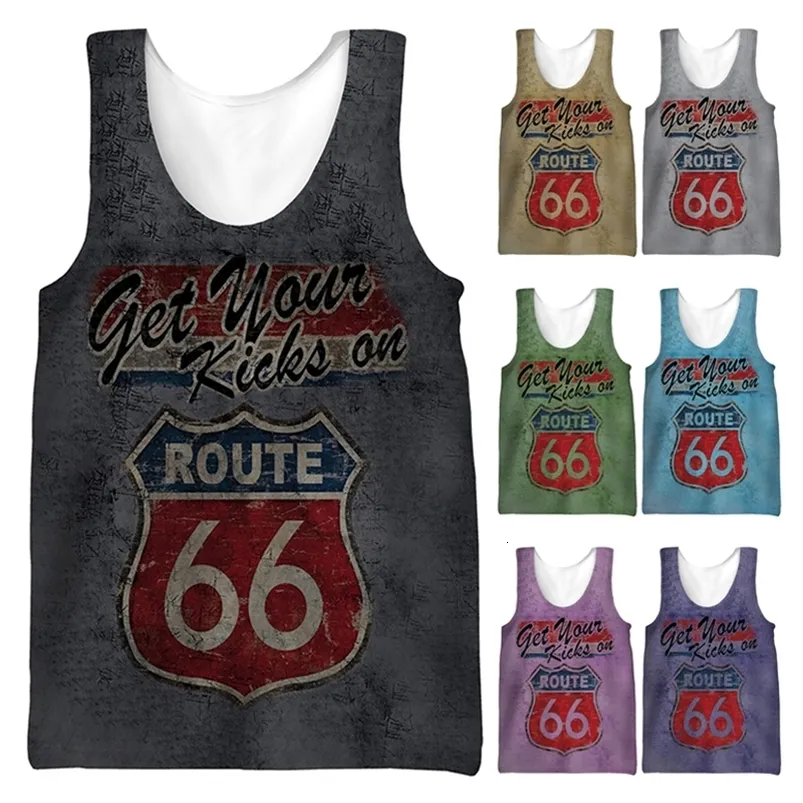 Débardeurs pour hommes Été Route 66 Lettre 3D Imprimé Sans Manches Cool Débardeurs Hommes Fitness Muscle Gilet Hipster Casual Streetwear Tops 230531