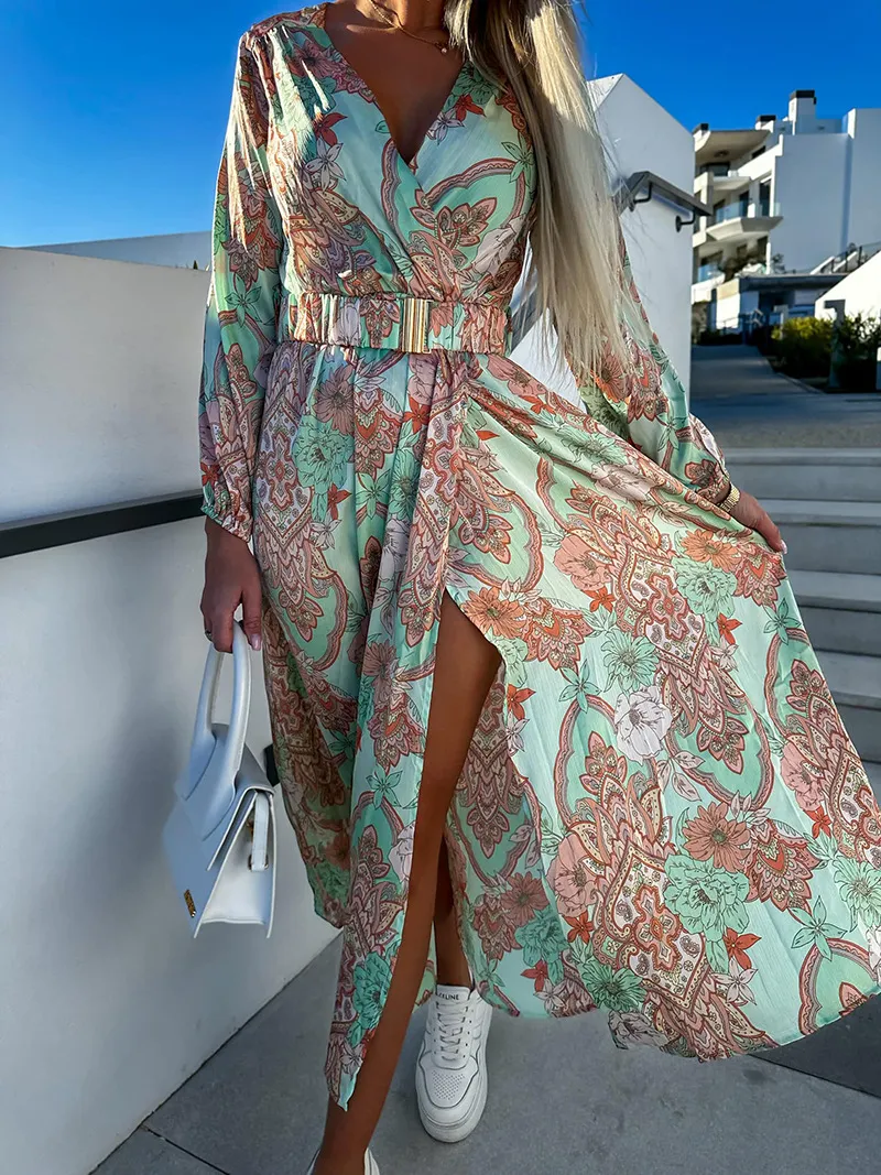 Save Big on Bulk Long Floral Dresses Women Boho Beach Dress: Women's Deep V  Neck Floral Print Long Sleeve High Split Casual Swing Dress With Belt