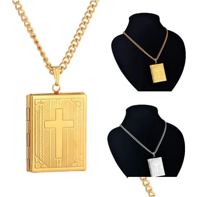 Pendant Necklaces Christian Gift Women Po Frame Link Chain Gold Sier Color Cross Bible Book Necklace Drop Delivery Jewelry Pendants Dhz2X