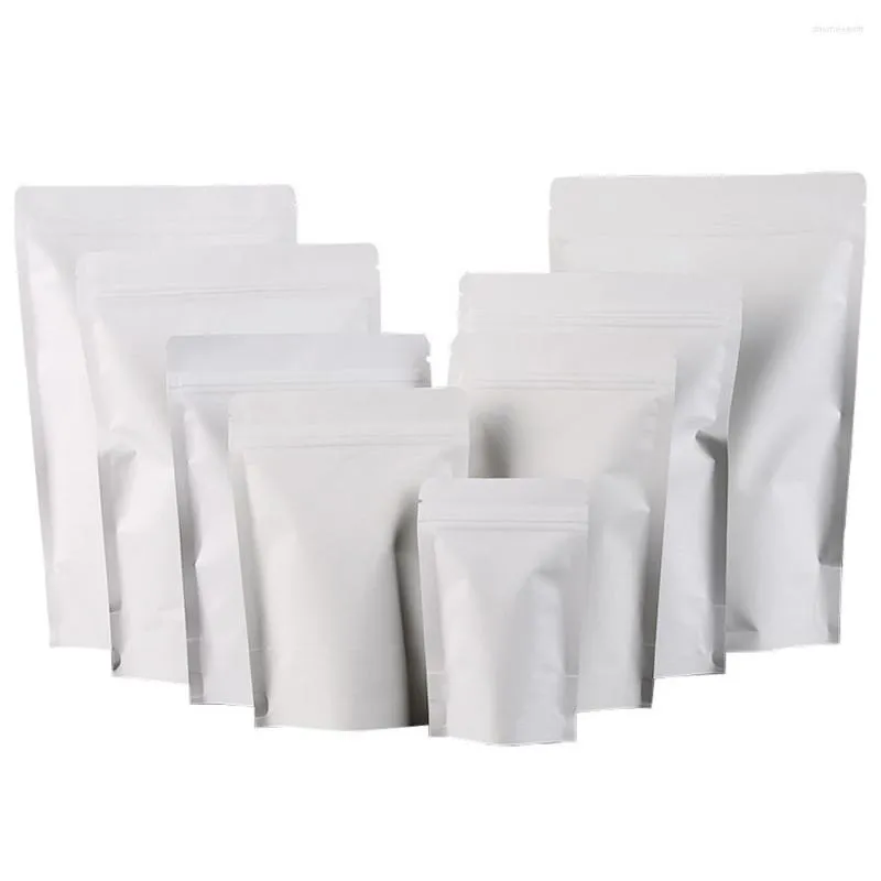 Storage Bags 50Pcs/Lot White Kraft Paper Aluminum Foil Stand Up Bag Self Grip Seal Tear Notch Doypack Resealable Food Coffee Bean