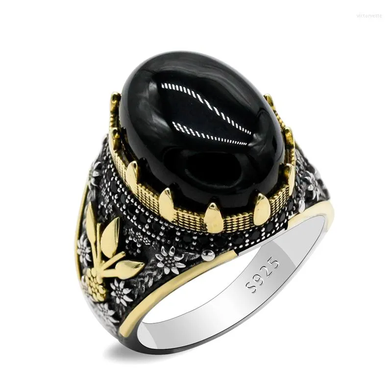 Pierścienie klastra 925 Sterling Srebrny Naturalny Agat Pierścień męski Pierścień Piękna moc Pomyślna retro ręcznie robiona turecka dla przyjaciół