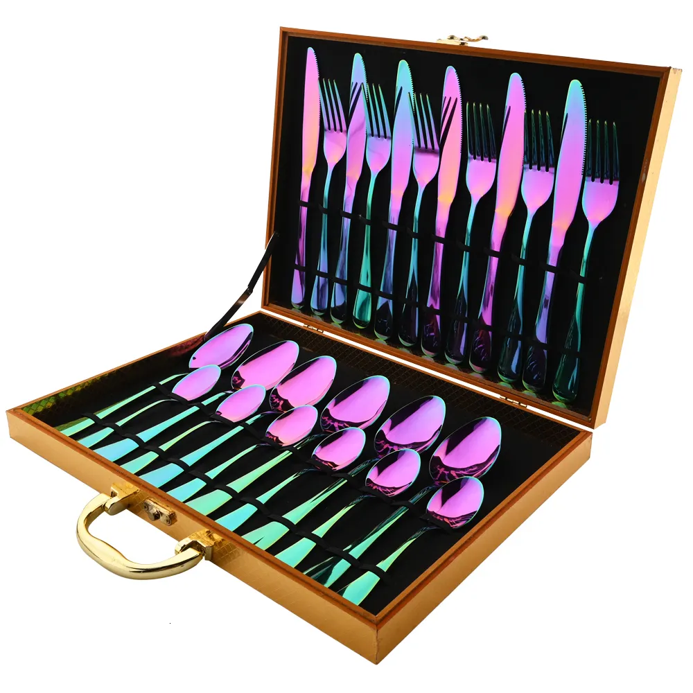 Dinnerware Sets Rainbow tableware set stainless steel 24 piece knife fork coffee spoon Western food 230531