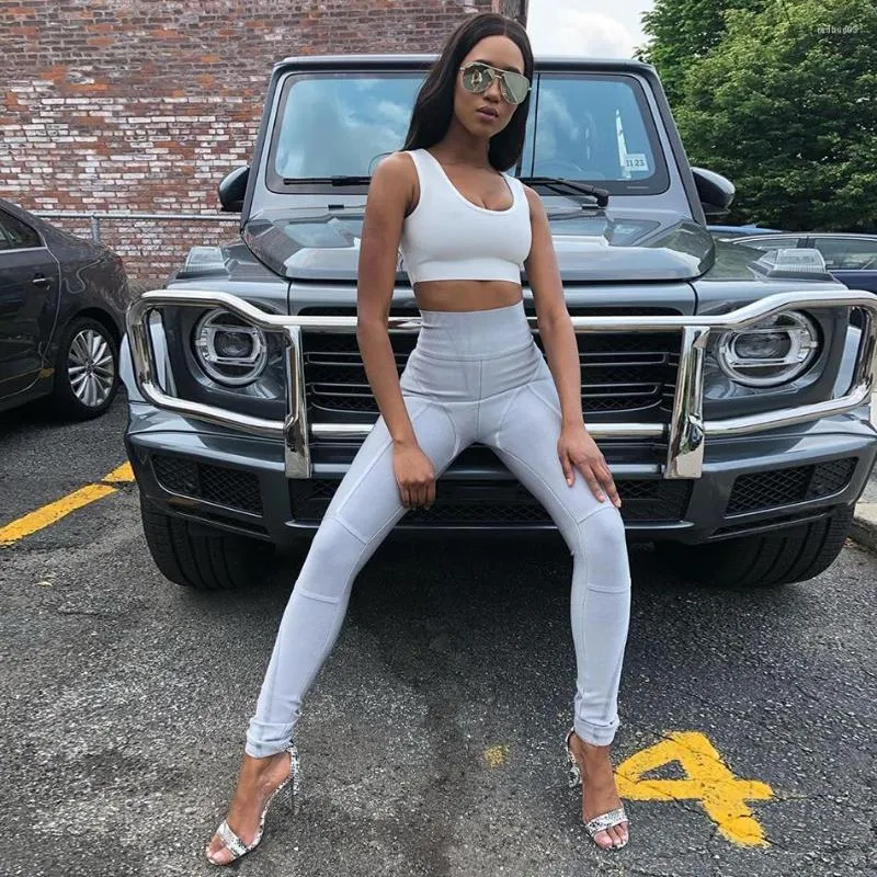 Women's Two Piece Pants Reflective Set White Crop Top And Grey High Waisted  Stripes Embroidered Leggings Gym Outfit 2