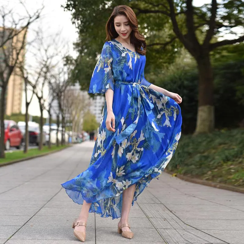 Casual Dresses Vintage Chic Women Floral Print Beach Bohemian Maxi Dress Ladies V Neck Sashes Chiffon Happie Boho Vestidos Plus Size