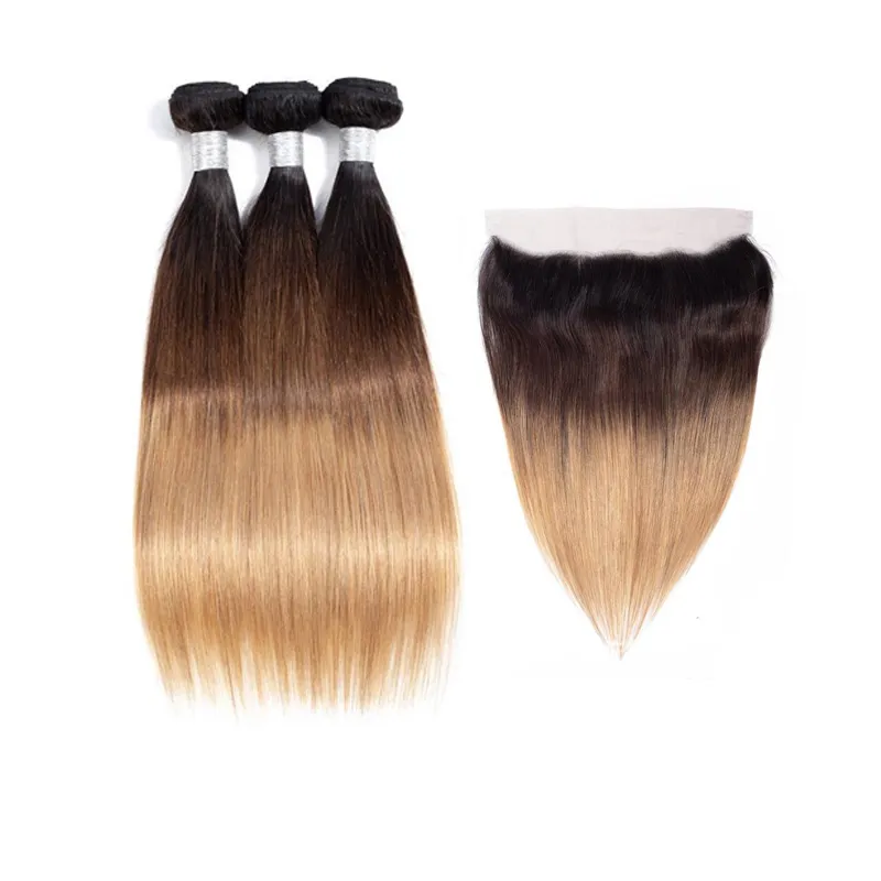 Maleisische Maagd Haar Dubbele Inslagen Met 13X4 Kant Frontale Gratis Deel 1B/4/27 Drie Tonen Kleur Body Wave 10-30inch