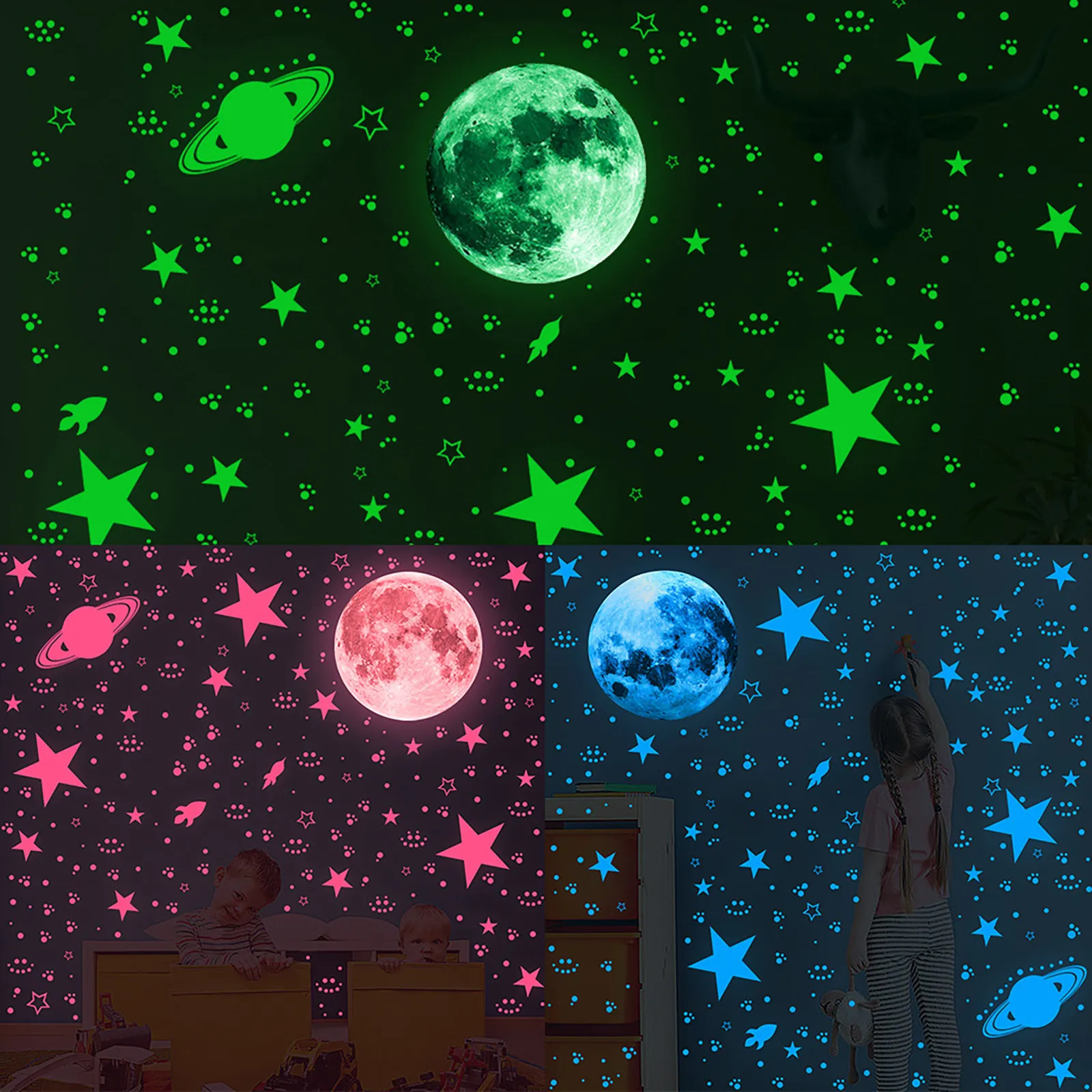 LED Rave Toy 435930pcs Luminous 3D Star Moon Dot Conglsels Glow في Dark Kids غرفة نوم السقف الزخرفة الفلورسنت 230531