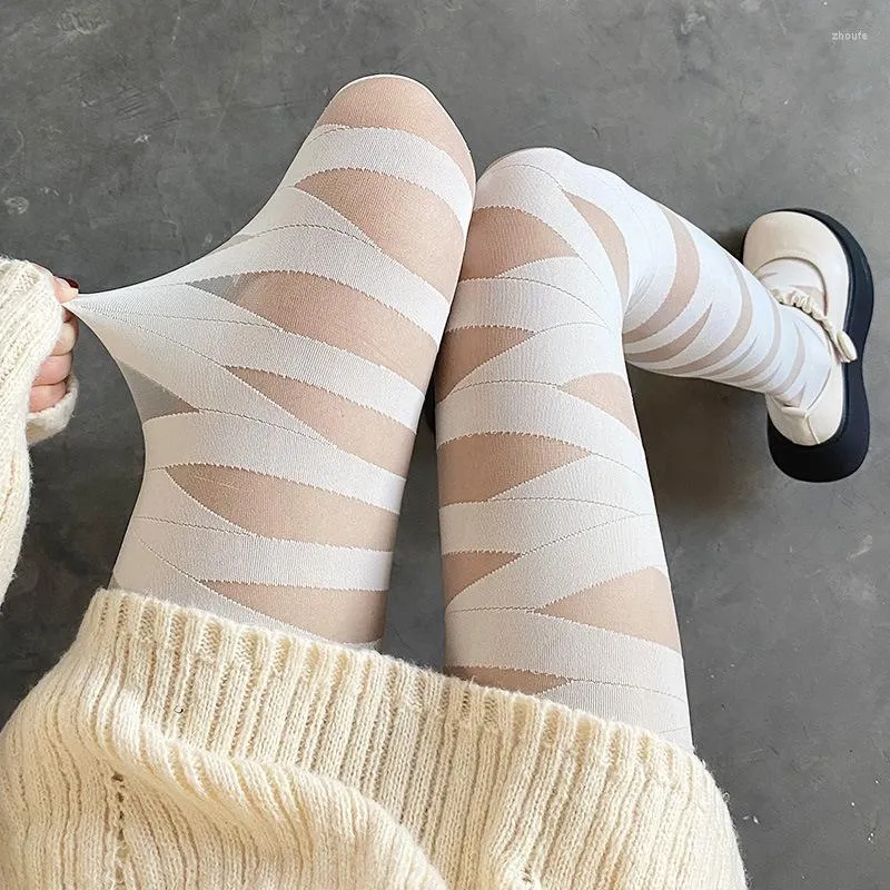 Frauen Socken Lolita Kreuz Riemen Strümpfe Strumpfhosen Y2K ästhetische Bandagen aushöhlen Strumpfhosen weiß schwarz dünn Kawaii Mädchen lange gebunden