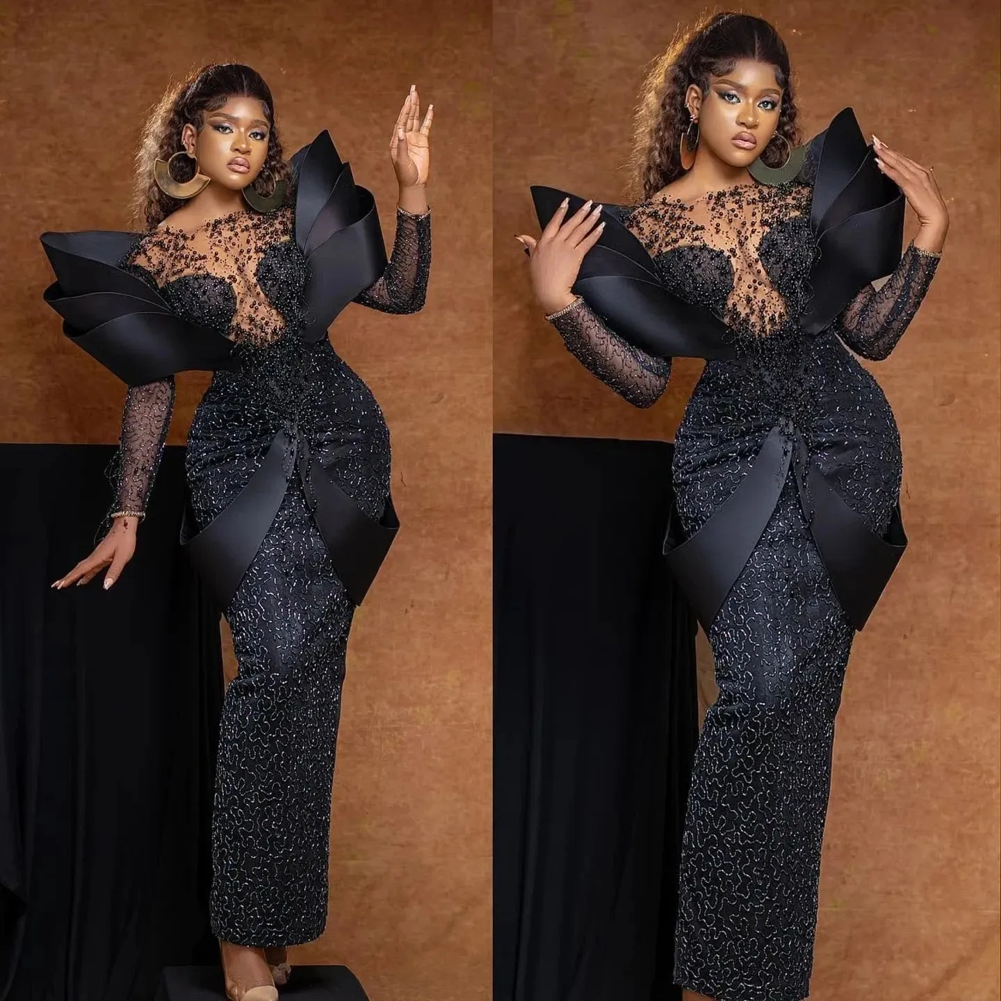 African Formal Prom Dress Handmade Beading Pearls Aso Ebi Style Evening Dresses with 3D Sleeves Black Women Party Gowns