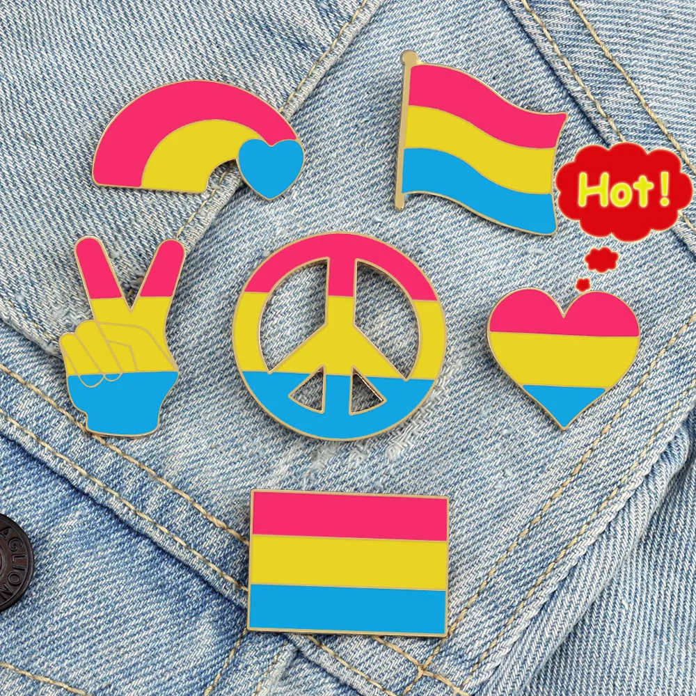 Pansexual Pride Flag Lapel Pins LGBTQ Omnisexuality Brooch Rainbow Hand Peace Love Enamel Pins Shirt Bag Badge Men Women Jewelry