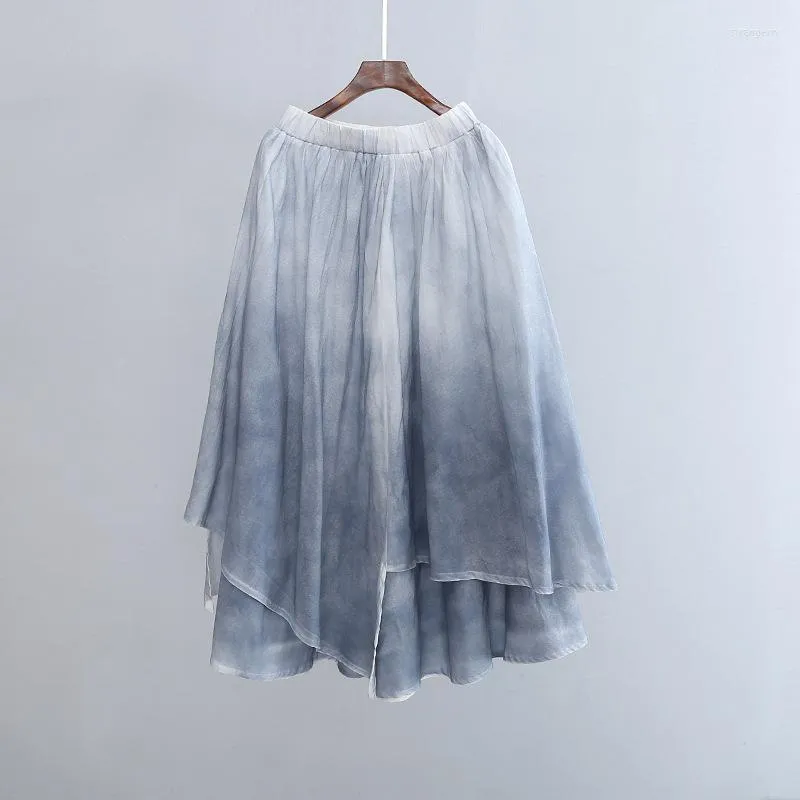 Skirts Vintage Women Fairy Hippie Boho Skirt Double-layer Cotton And Linen Elastic Waist Irregular Long Pleated Mori Girl Faldas