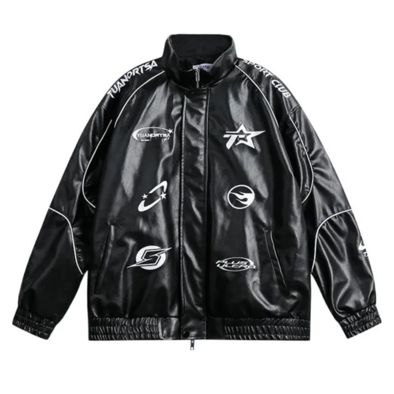 Giacche da uomo American Street Hip Hop Giacca da baseball nera Giacca da uomo in pelle Bomber da corsa retrò Oversize Donna Unisex Coppia Casual Nero 230531