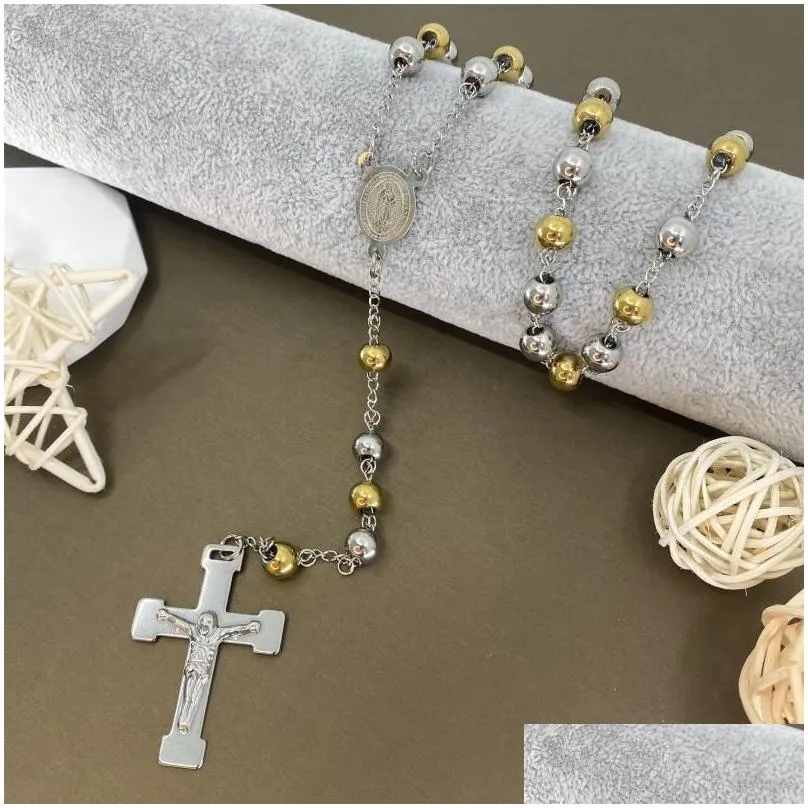 pendant necklaces 8mm cross rosary necklace deguadalupe crucifix chain stainless steel jewelry men and women