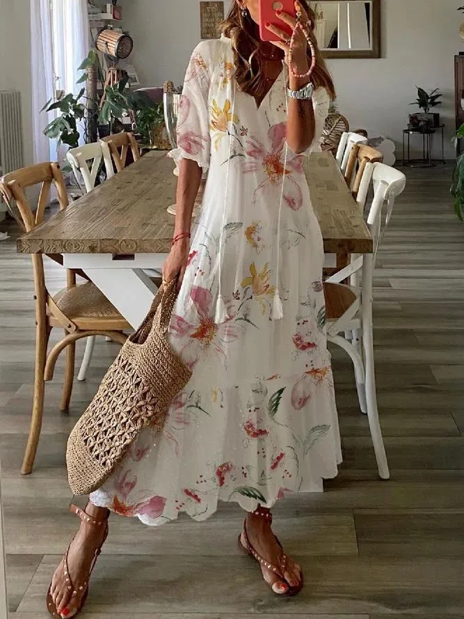 Diseñador Nuevos vestidos casuales Moda para mujer Vestido recto Vestido maxi Media manga Estampado floral Verano Otoño Cuello en V Vestido informal