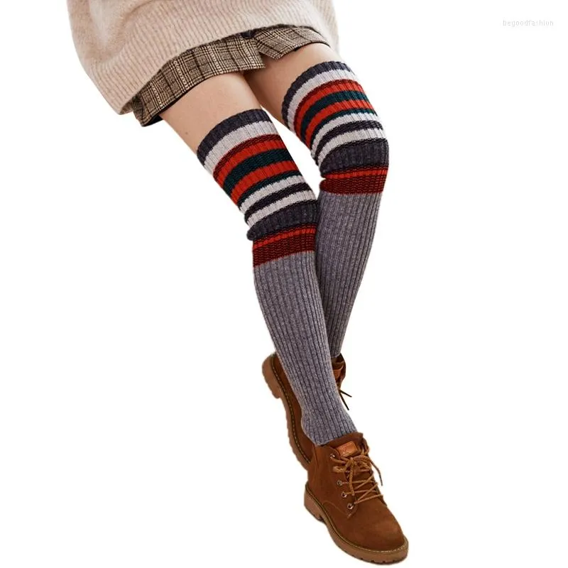 Frauen Socken Oberschenkel Hohe Strümpfe Bunte Gestreifte Wolle Stricken Über Knie Für Dance Party Streetwear