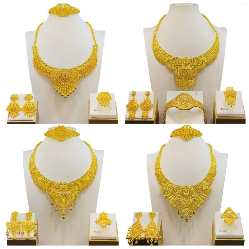 Colar Conjunto de Brincos Banhado a Ouro 24k Jóias de Casamento de Noiva Vietnã Índia Banquete Anel Pulseira