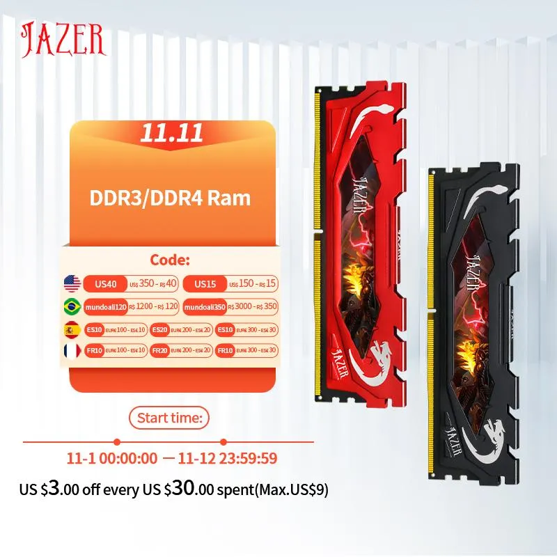 Rams Jazer Memory DDR3 1600MHz 8 GB Rams 16 GB DDR4 2666MHz 3200MHz Desktop Memoria Ram med kylfläns