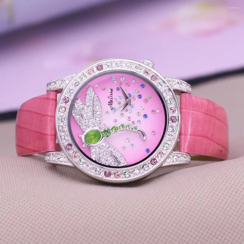 Horloges Sale Melissa Dameshorloge Strass Dragonfly Crystal Fashion Hour Armband van echt leer Klok Verjaardagscadeau voor meisjes