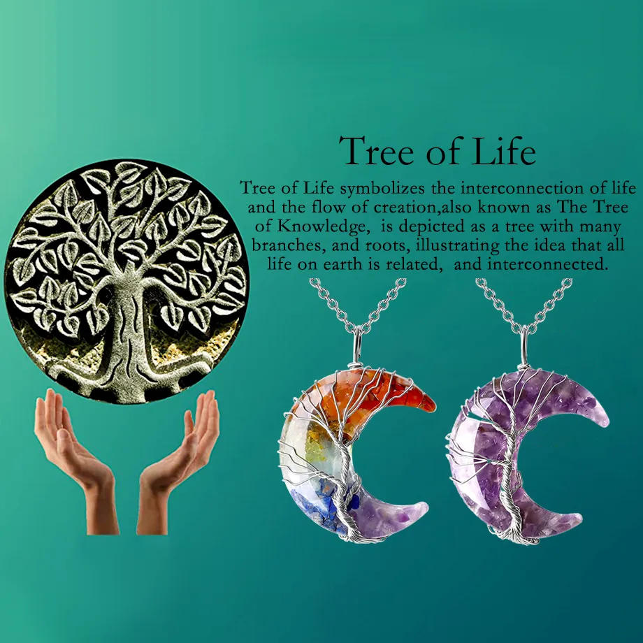 7 Chakras Tree of Life Necklace Wire Wrap Crescent Moons Crystal Pendants Chip Quartz Natural Stone Resin Stainless Steel