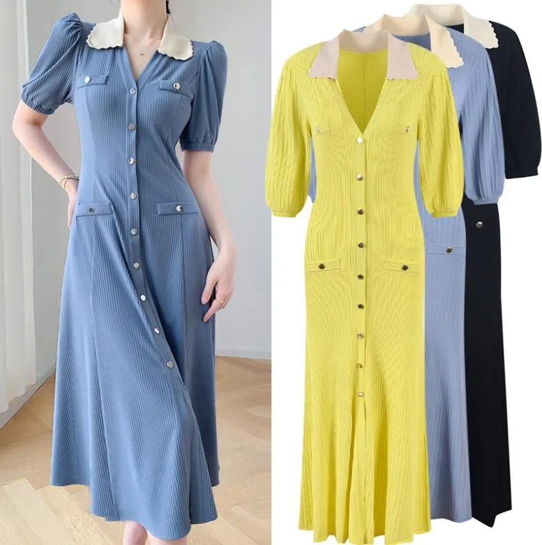 518 XL 2023 Robe De Piste Revers Cou À Manches Courtes Noir Jaune Bleu Robe Empire Marque Même Style Robe Flore Imprimer Haute Qualité Femmes Vêtements YL