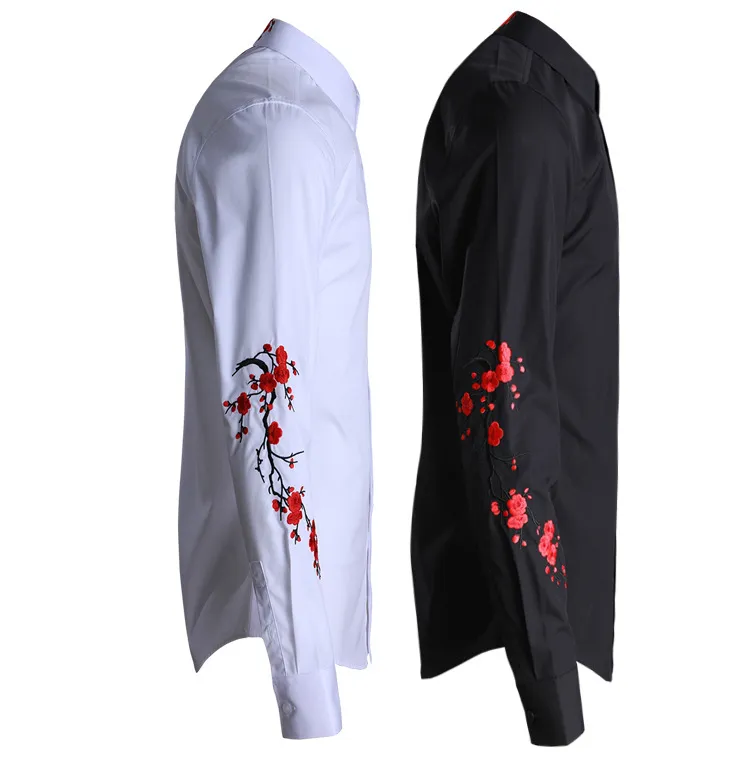 New Men Shirt Luxury Plum Blossom Embroidery Long Sleeve Mens Shirts Black White Slim Fit Mens Dress Shirts Plus Size 4XL