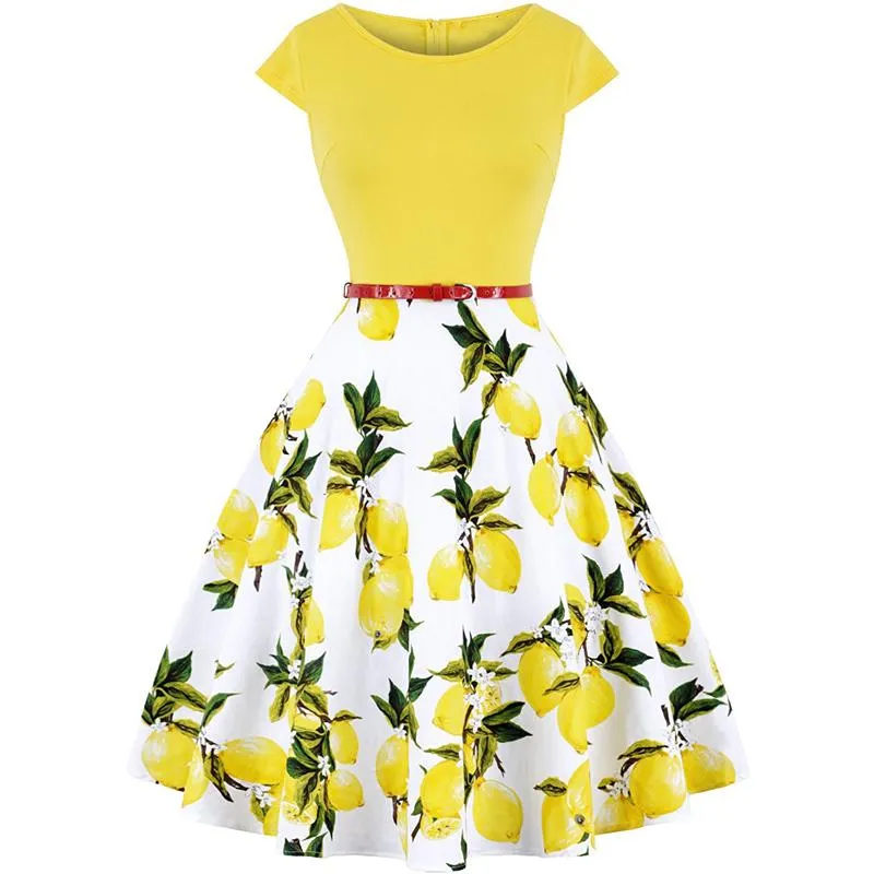 Klänningar ärmlös 50 -tal 60 -tal retro vintage kvinnor casual klänning pinup rockabilly mante femme jurken citron blommig tryckt gul parti vestido